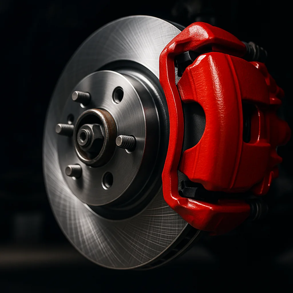 New brake disc and red caliper installed at Luber Mechanical